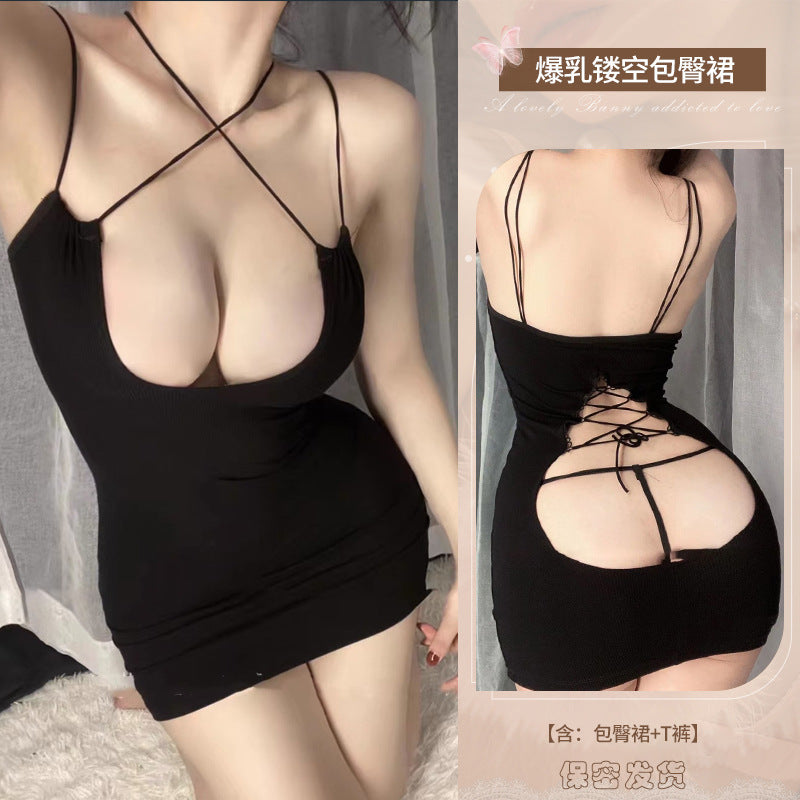 Image of Erotic underwear, sexy small breasts, gathered suspender pajamas, pure desire tie nightclub, water drops, hollow straps, hip group suit